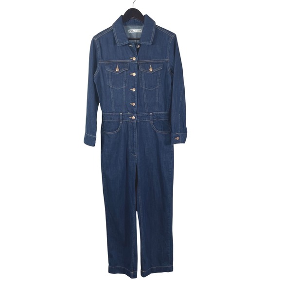 Zara Women's Denim Jumpsuit Long Sleeve Button Front Utility Boiler Suit Size L - Picture 1 of 16